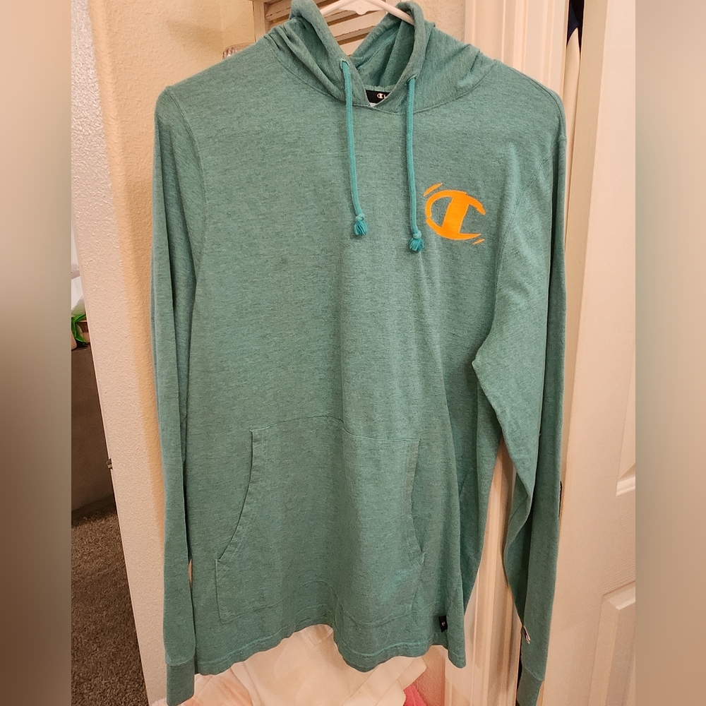 Champion Aqua Hoodie with Yellow Logo. In Great Condition